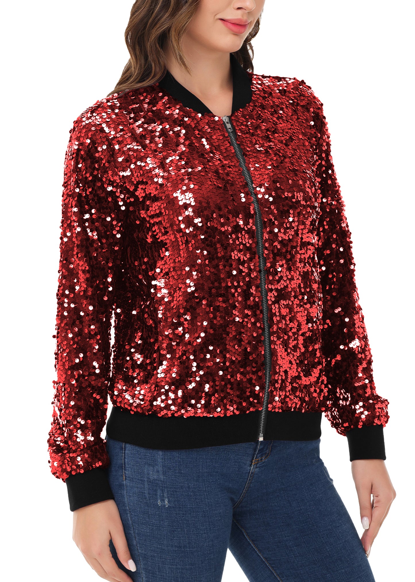 Sequin Jacket Sparkle Long Sleeve Front Zip Blazer Bomber Jacket with Pockets