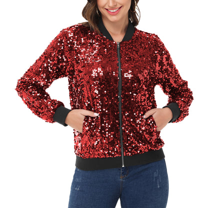 Sequin Jacket Sparkle Long Sleeve Front Zip Blazer Bomber Jacket with Pockets