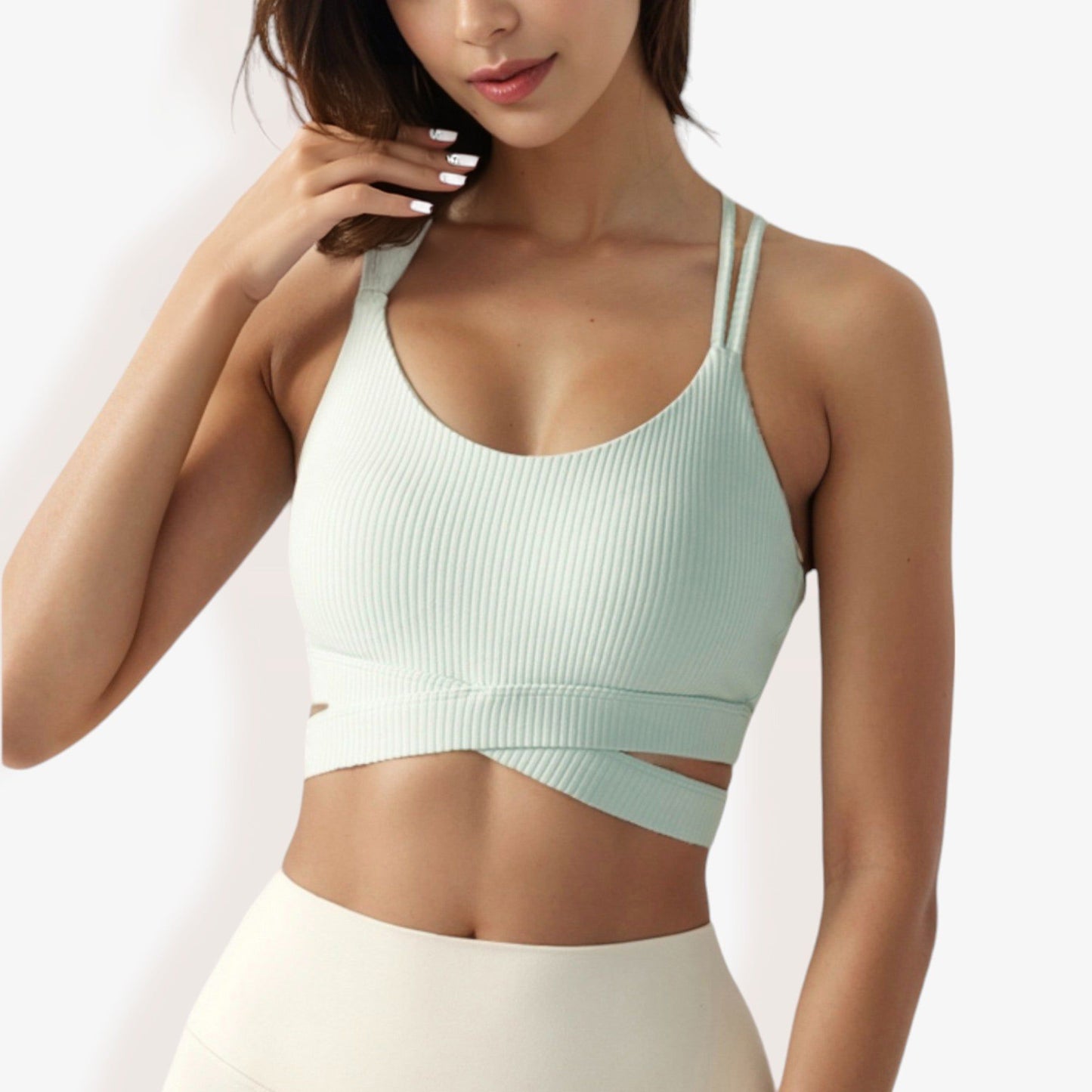 Ribbed Cross Strap Sports Bra with Double Strap Detail