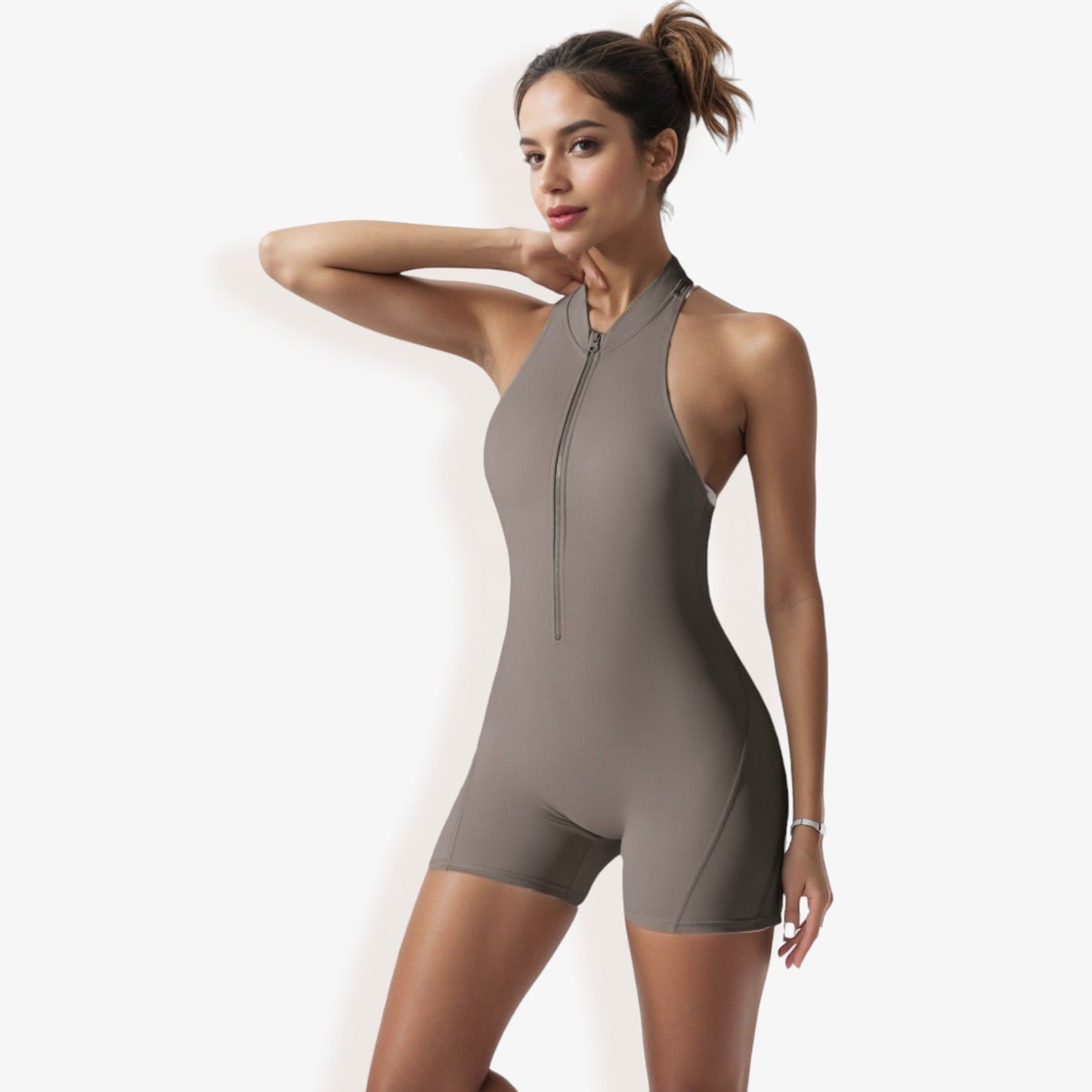 Sleeveless High Neck Zip Front Bodysuit with Athletic Fit and Stretch Fabric