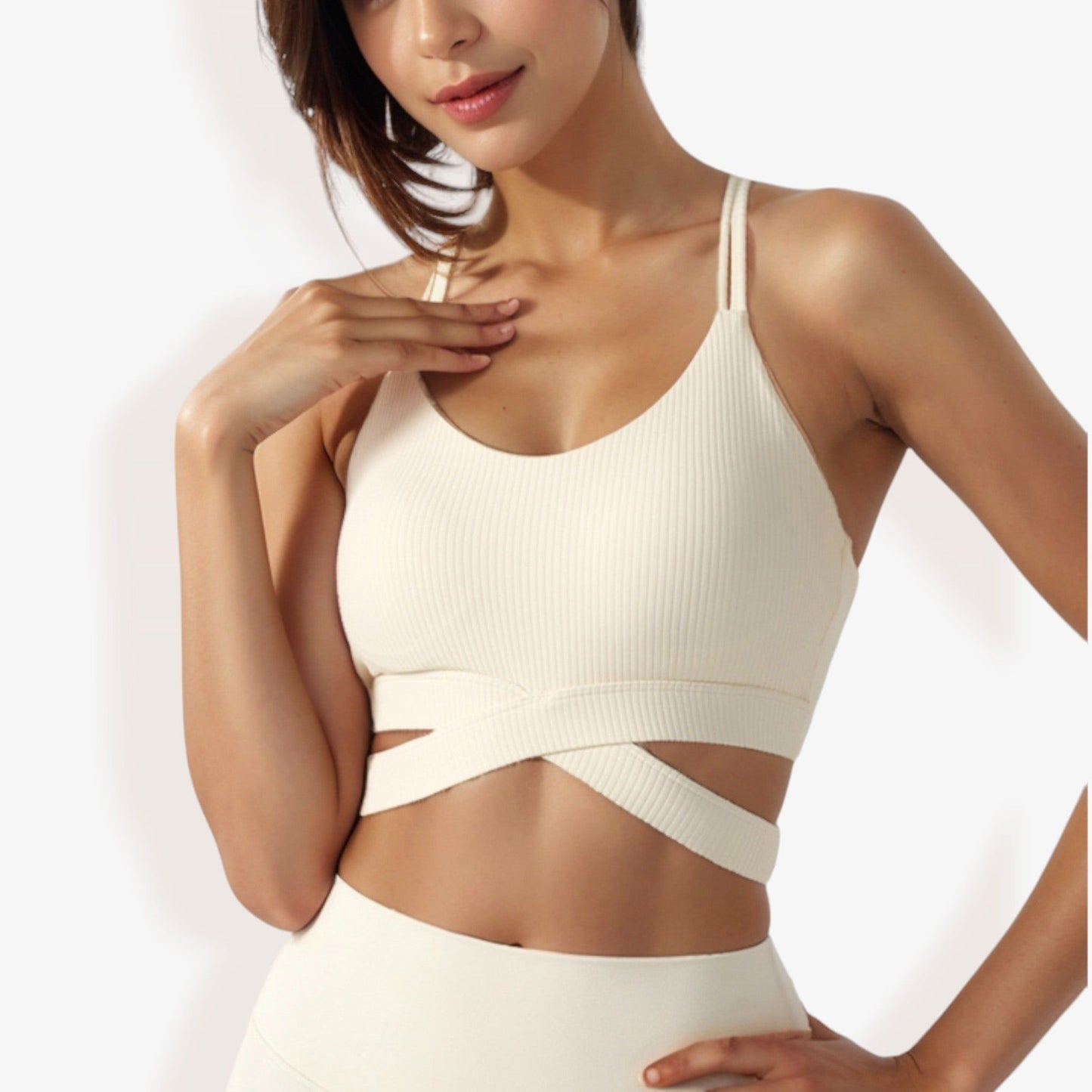 Ribbed Cross Strap Sports Bra with Double Strap Detail