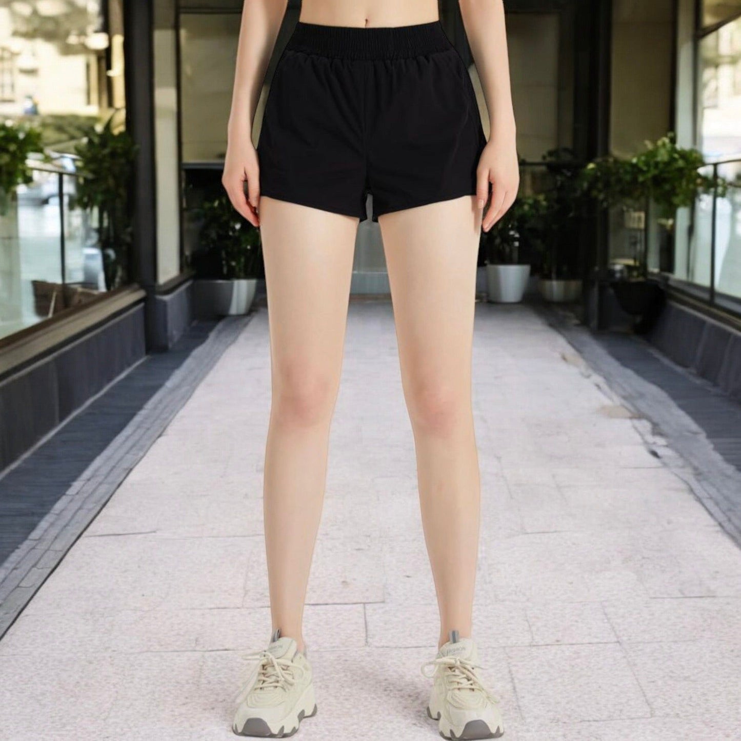 High Waist Athletic Shorts with Elastic Waistband and Side Pockets