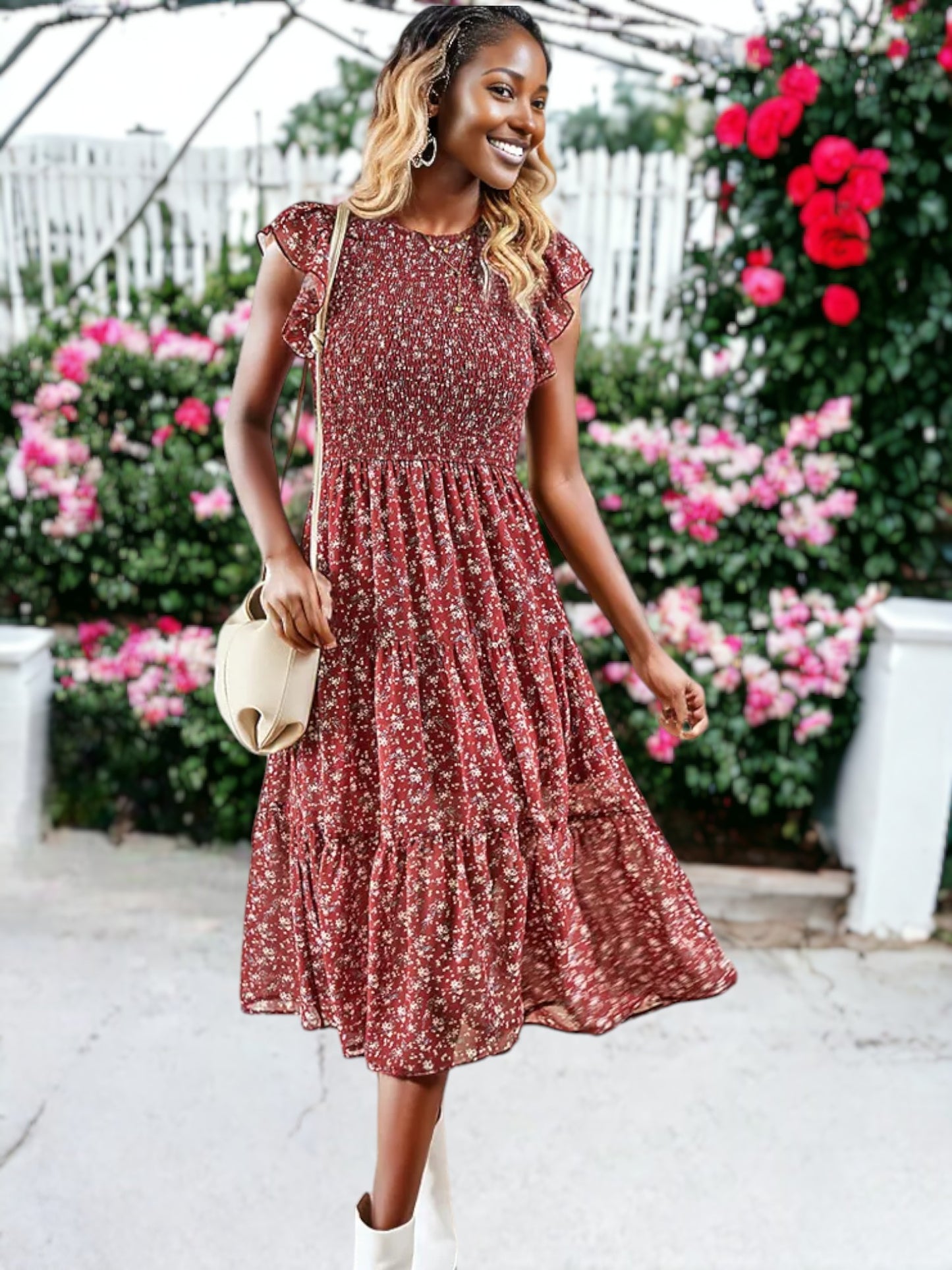 Vestido midi fruncido con mangas cortas y volantes a cuadros y estampado floral