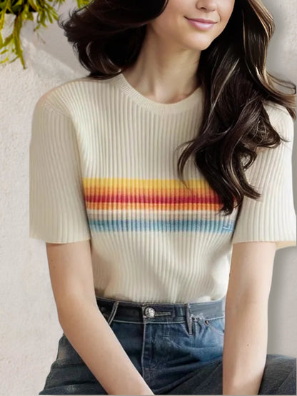 Anna-Kaci Women's Short Sleeve Ribbed Knit Sweater with Vintage Rainbow Stripes