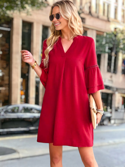 Pleated V Neck Straight Dress