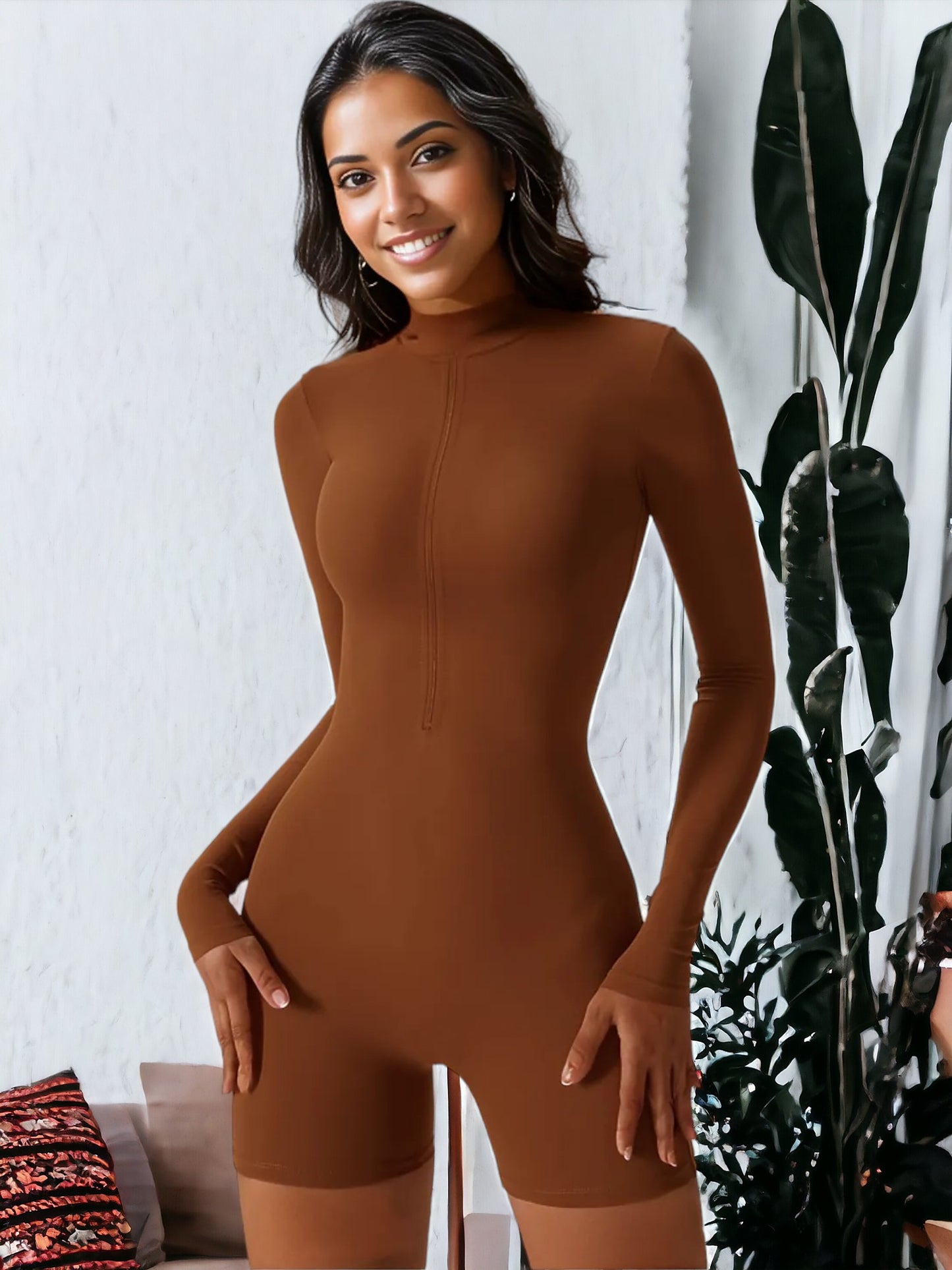 Zippered Long-Sleeved Tight Sports Jumpsuit