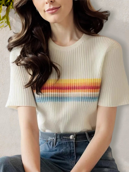 Anna-Kaci Women's Short Sleeve Ribbed Knit Sweater with Vintage Rainbow Stripes