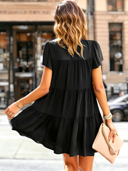 Shirred High Neck Tiered Dress