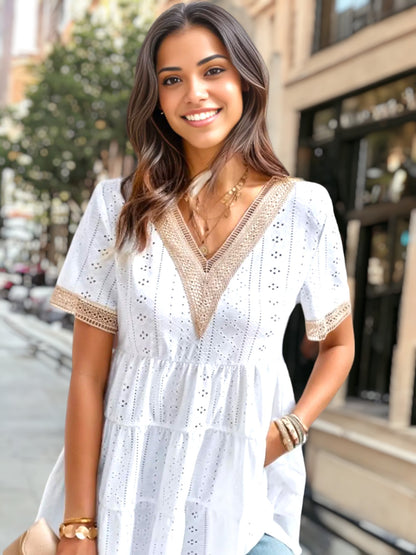 Crochet Trim Tiered Eyelet Top