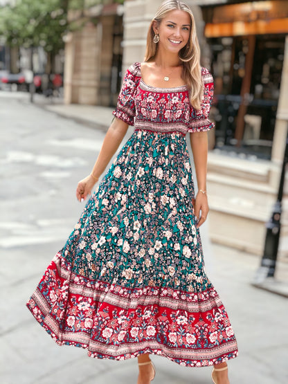 Vestido bohemio multicolor con hombros descubiertos