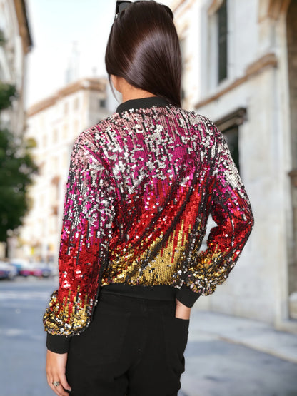 Sequin Ombre Sparkle Bomber Zip-Up Jacket