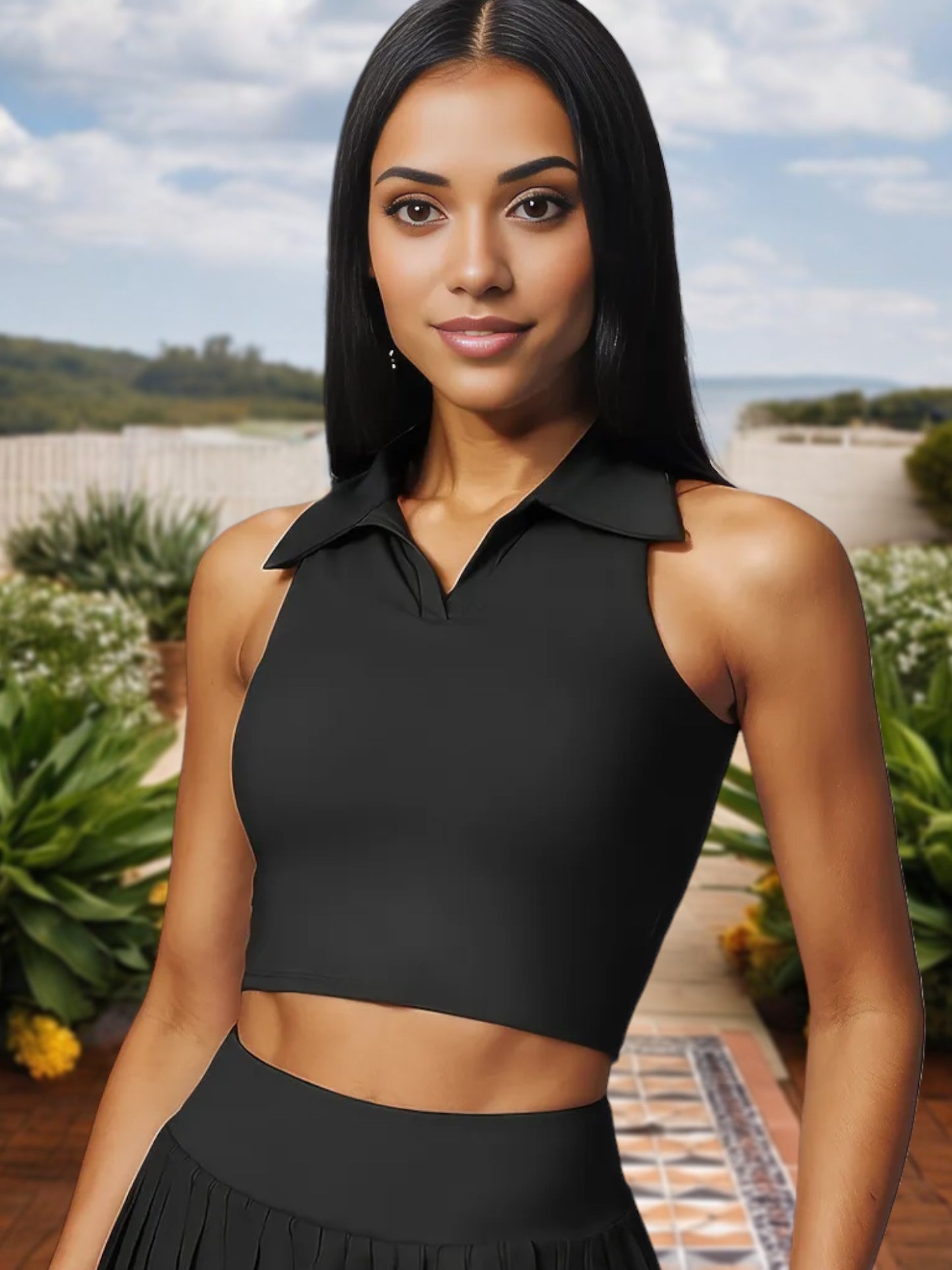 Women's Sleeveless Polo Crop Top with Collared Neckline and Stretch Fit