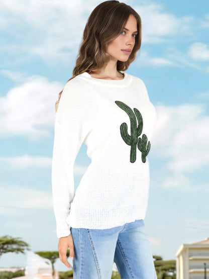 Anna-Kaci Women's Long Sleeve Knit Sweater with Cactus Embroidery and Crew Neck