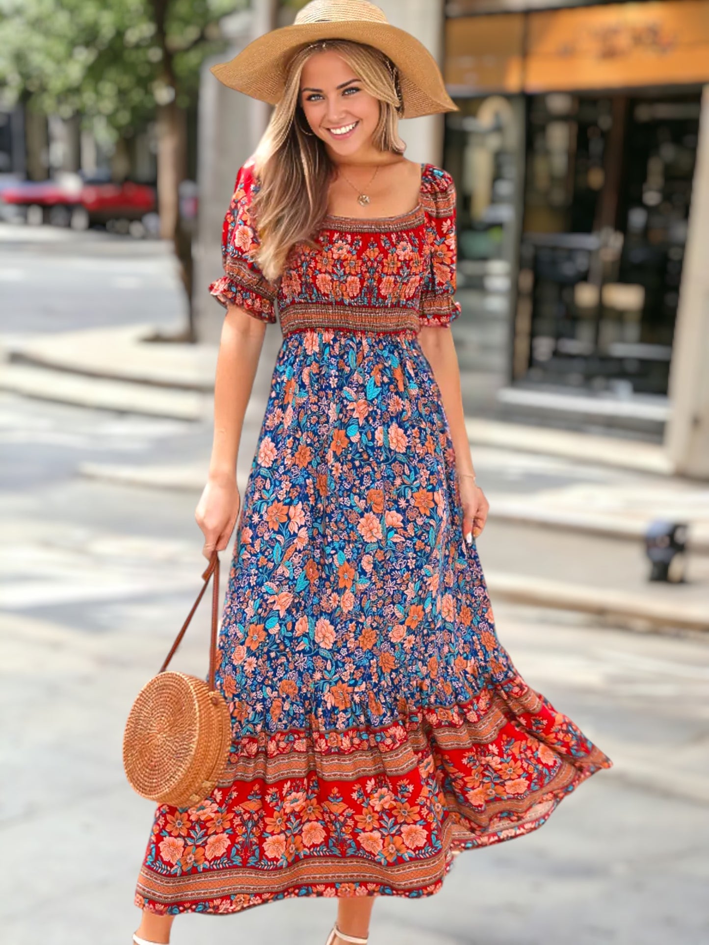 Vestido bohemio multicolor con hombros descubiertos