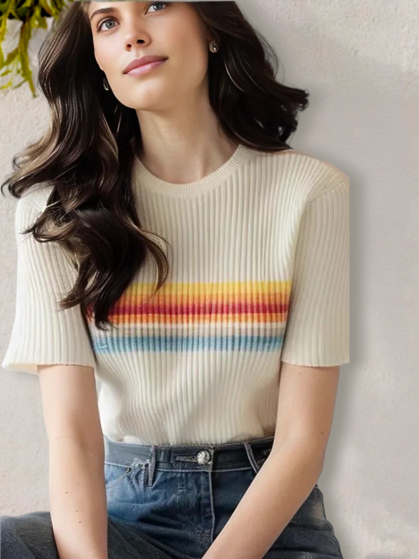 Anna-Kaci Women's Short Sleeve Ribbed Knit Sweater with Vintage Rainbow Stripes