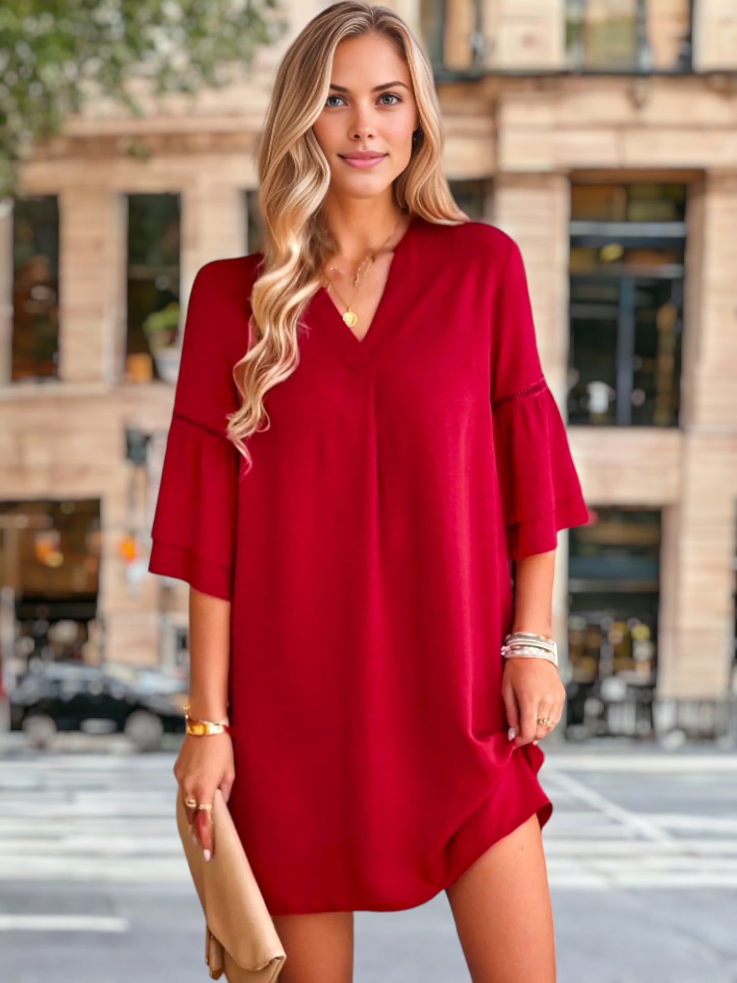 Pleated V Neck Straight Dress