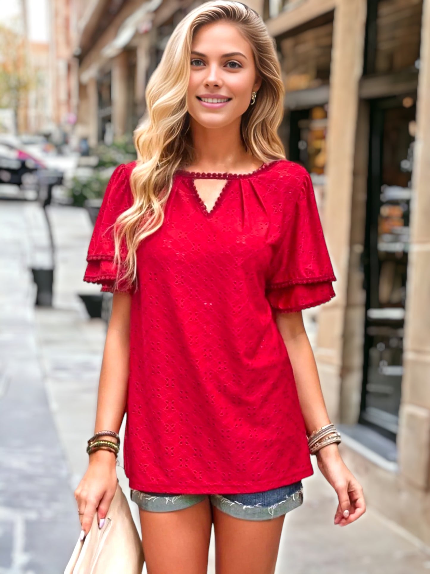 Keyhole Neck Front Eyelet Blouse