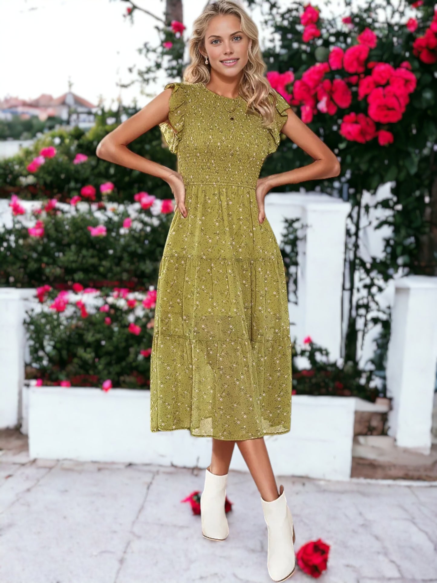 Vestido midi fruncido con mangas cortas y volantes a cuadros y estampado floral