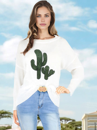 Anna-Kaci Women's Long Sleeve Knit Sweater with Cactus Embroidery and Crew Neck