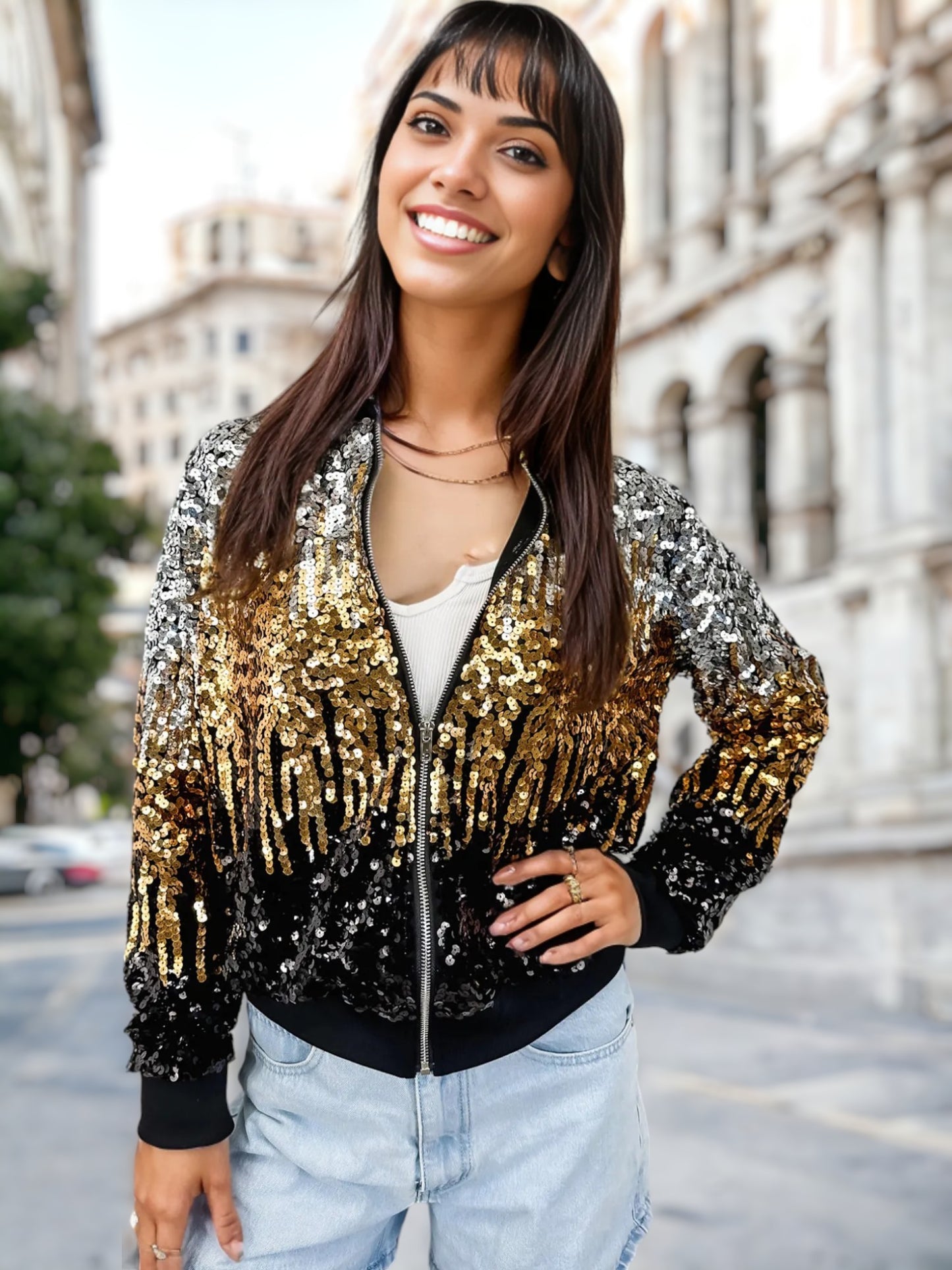 Sequin Ombre Sparkle Bomber Zip-Up Jacket