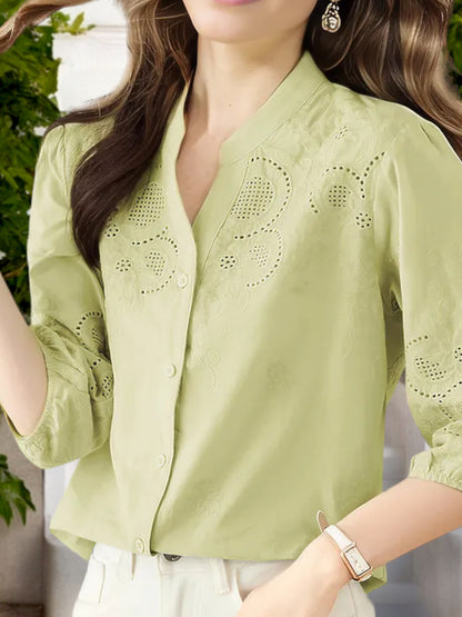 Anna-Kaci Women's Eyelet Embroidered 3/4 Sleeve Blouse with V-Neck