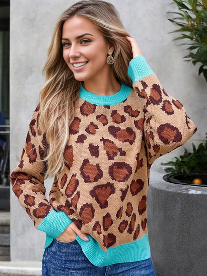 Anna-Kaci Women's Long Sleeve Leopard Print Knit Sweater with Contrast Trim