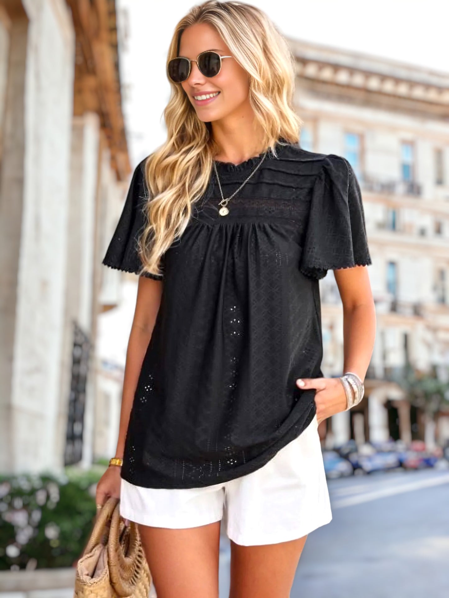 Pleated Detail Eyelet Blouse