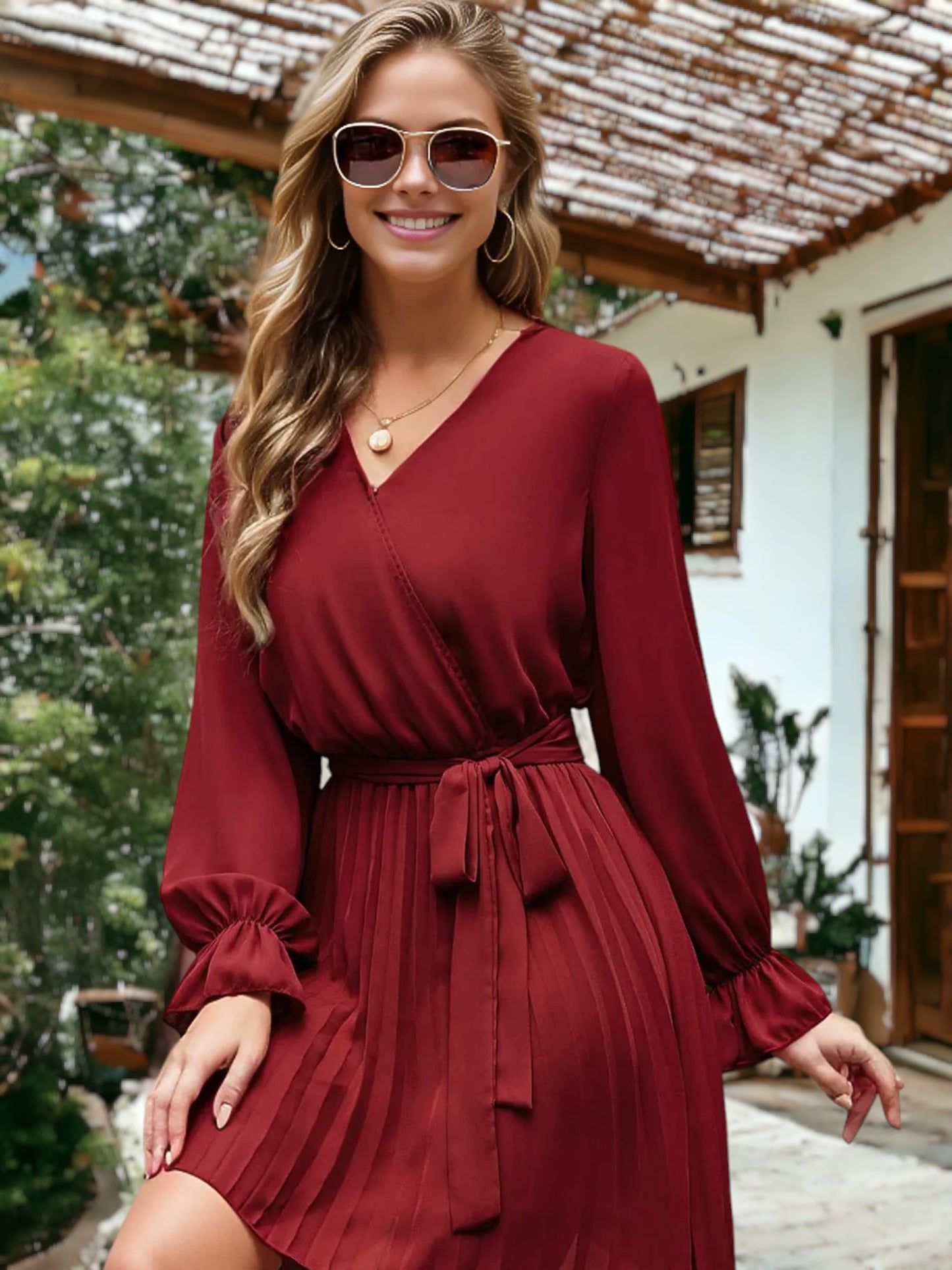 Cross Front V Neck Long Bishop Sleeve Flared Dress