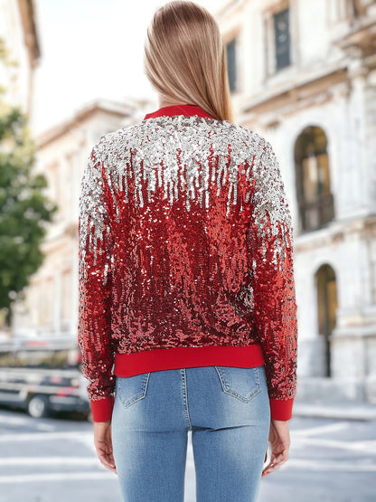 Sequin Ombre Sparkle Bomber Zip-Up Jacket