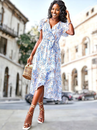 Floral Print Flutter Sleeve Wrap Dress