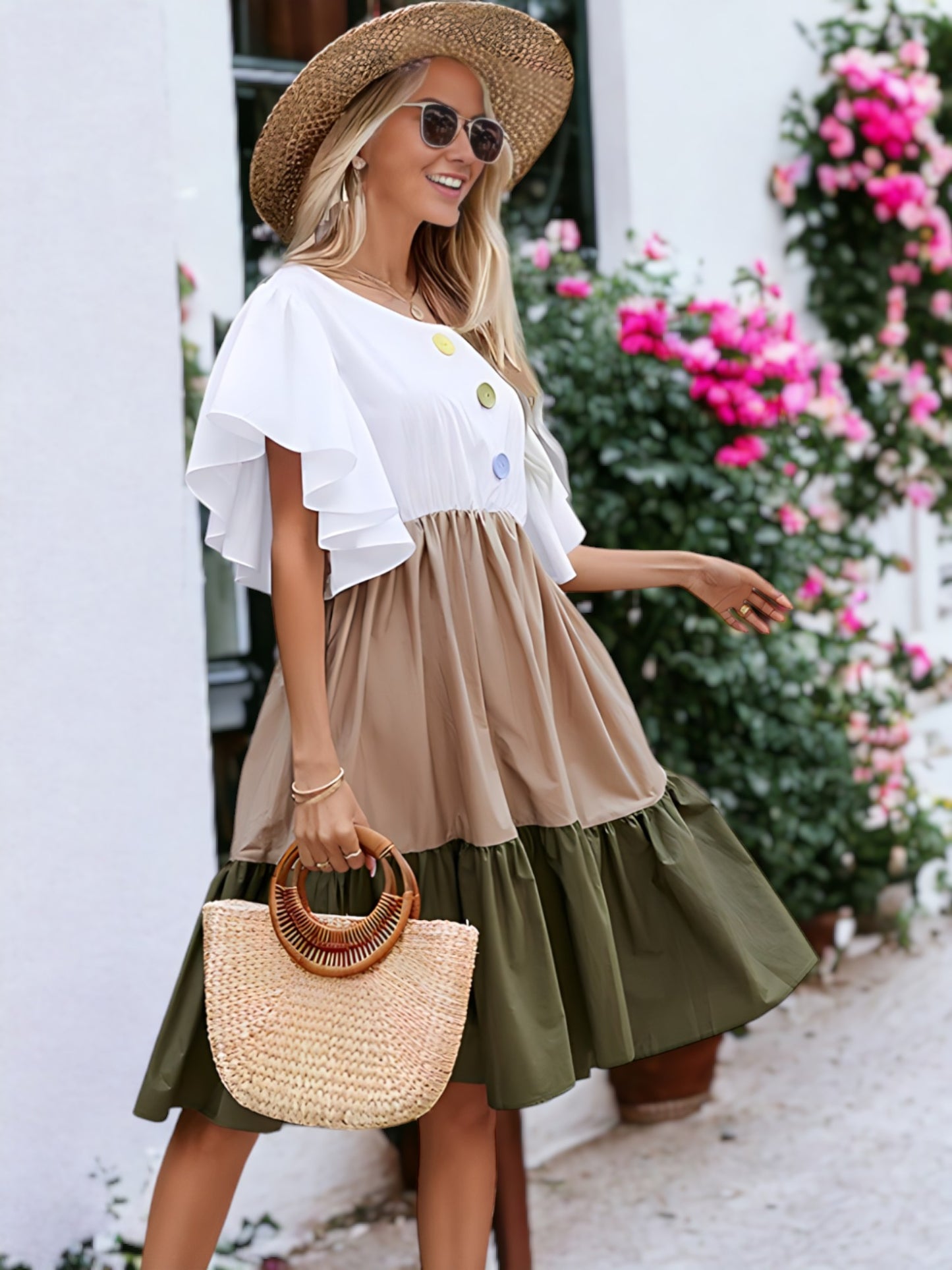 Multicolor Button Ruffle Sleeve Dress