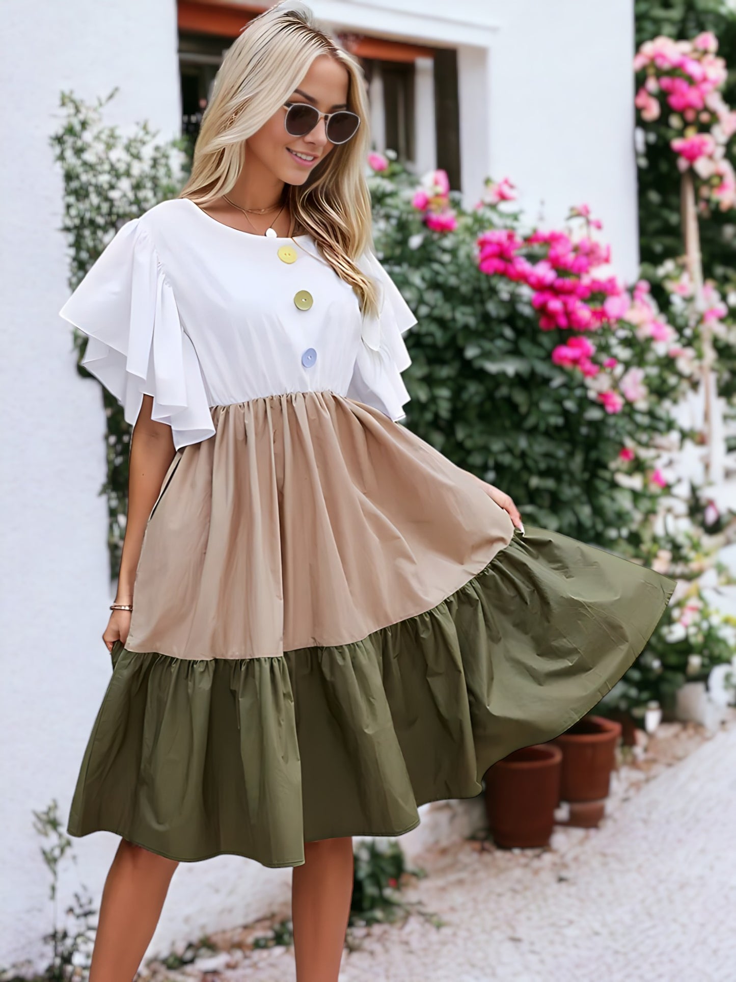 Multicolor Button Ruffle Sleeve Dress