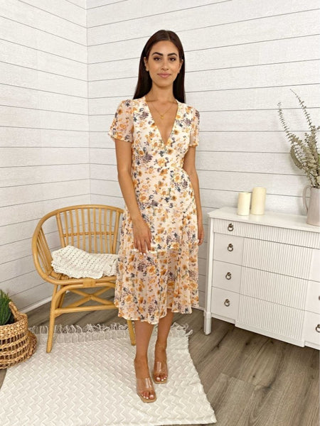 Floral Printed Short Cap Sleeved Wrap Waist Tying Flowing Midi Dress – Anna- Kaci