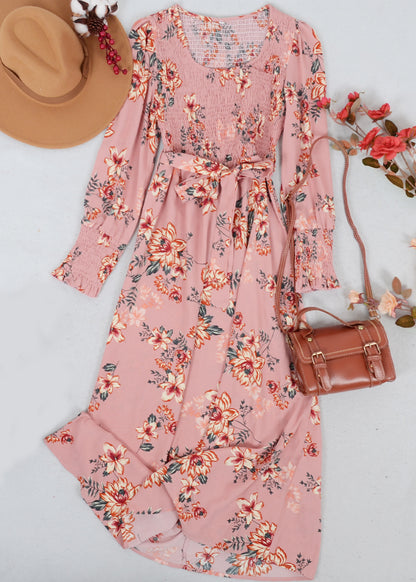 Scoop Neck Shirred Floral Dress