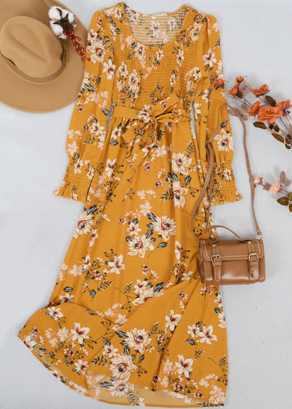 Scoop Neck Shirred Floral Dress