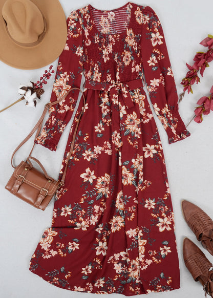 Scoop Neck Shirred Floral Dress