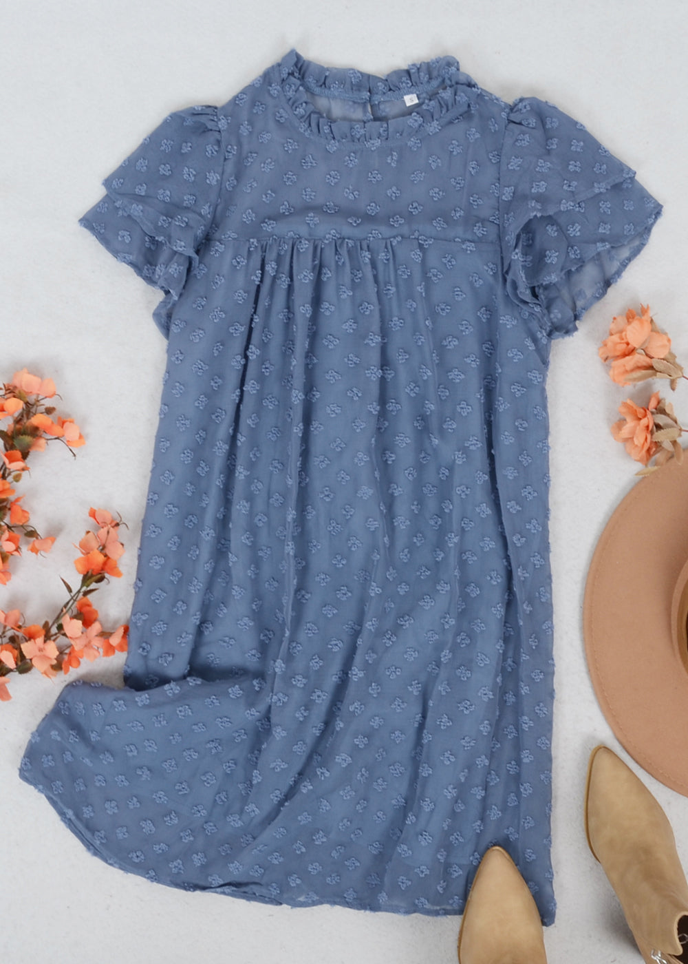 Floral Embroidered Ruffle Neck Dress