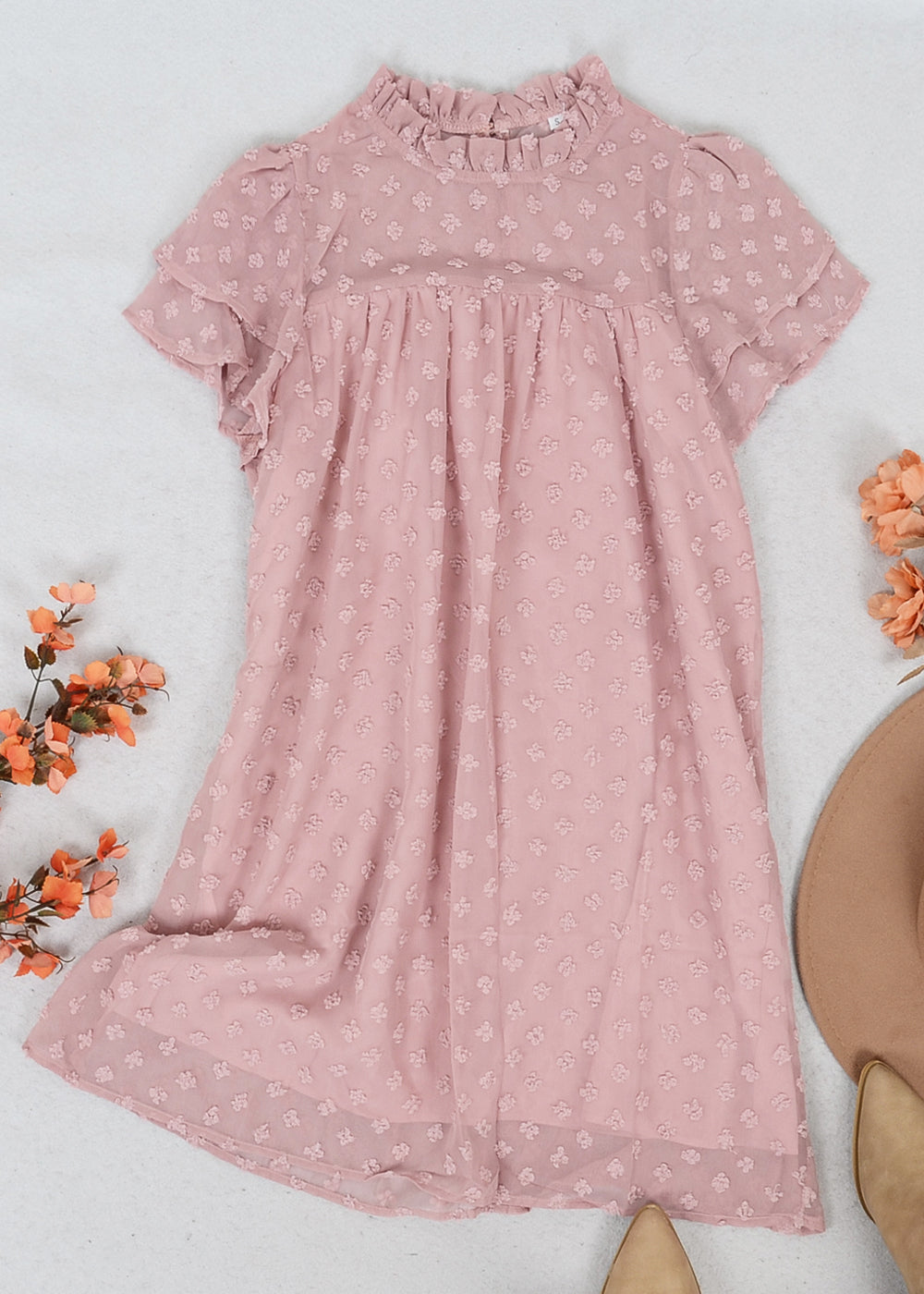 Floral Embroidered Ruffle Neck Dress