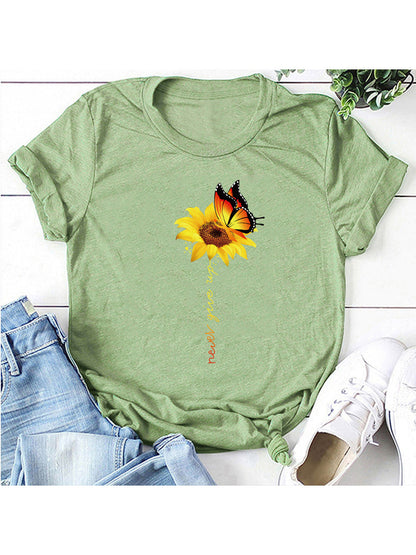 Camiseta de manga corta con cuello redondo y estampado de girasoles