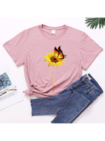 Camiseta de manga corta con cuello redondo y estampado de girasoles