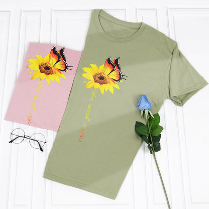 Camiseta de manga corta con cuello redondo y estampado de girasoles