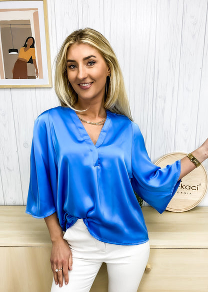 V Neck Elbow Sleeve Blouse