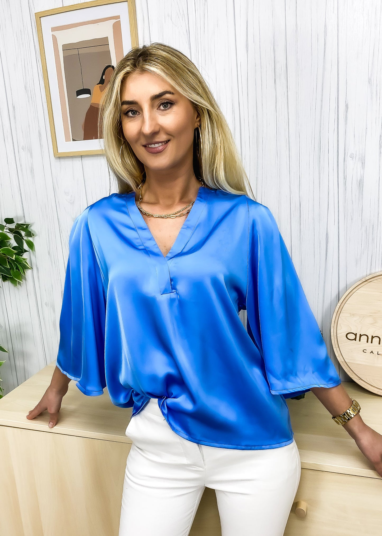 V Neck Elbow Sleeve Blouse