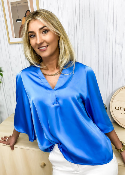 V Neck Elbow Sleeve Blouse