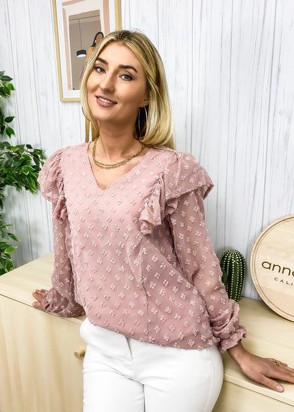 Ruffle Shoulder Long Sleeve Blouse