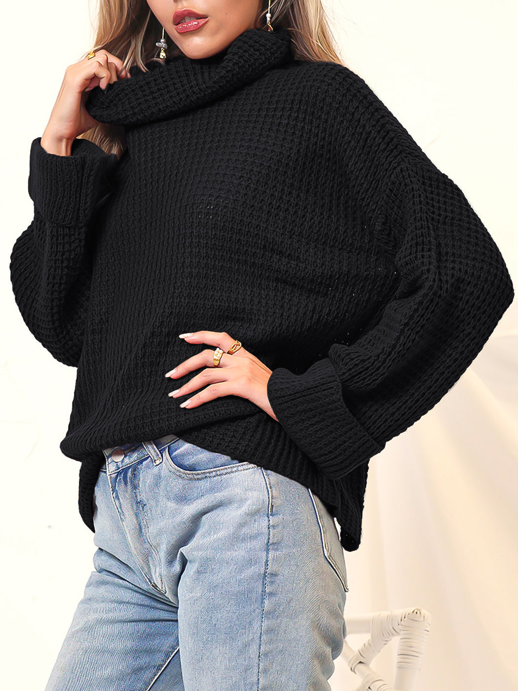 High Neck Folded Cuff Long Sleeve Chunky Waffle Knit Sweater for