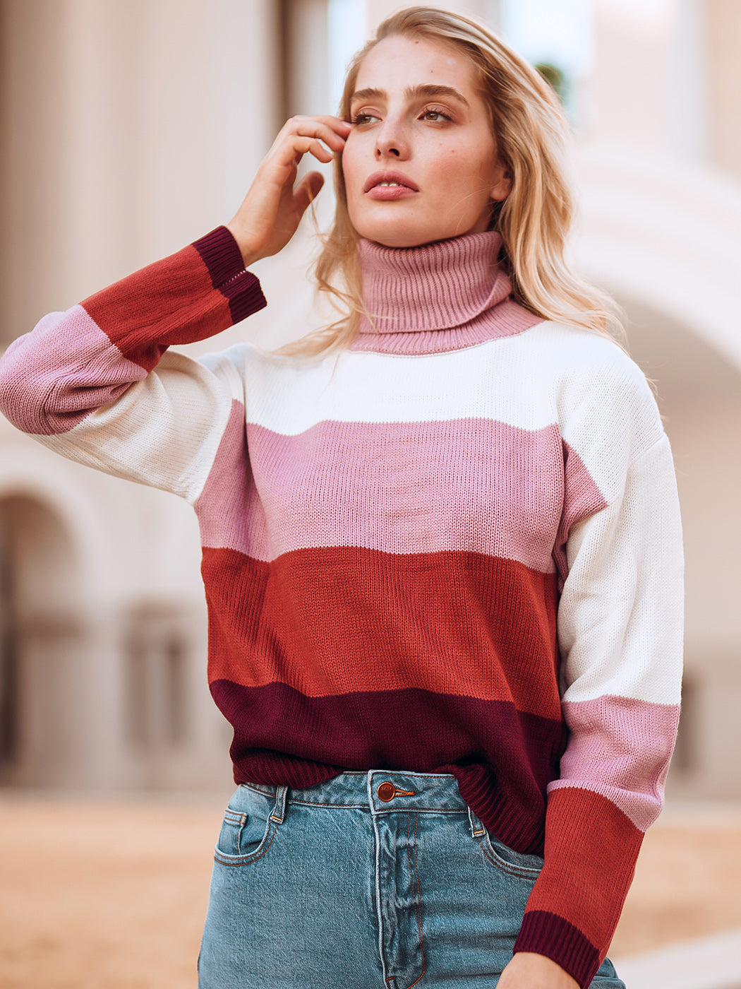 Black And Red Color Block Turtleneck Sweater