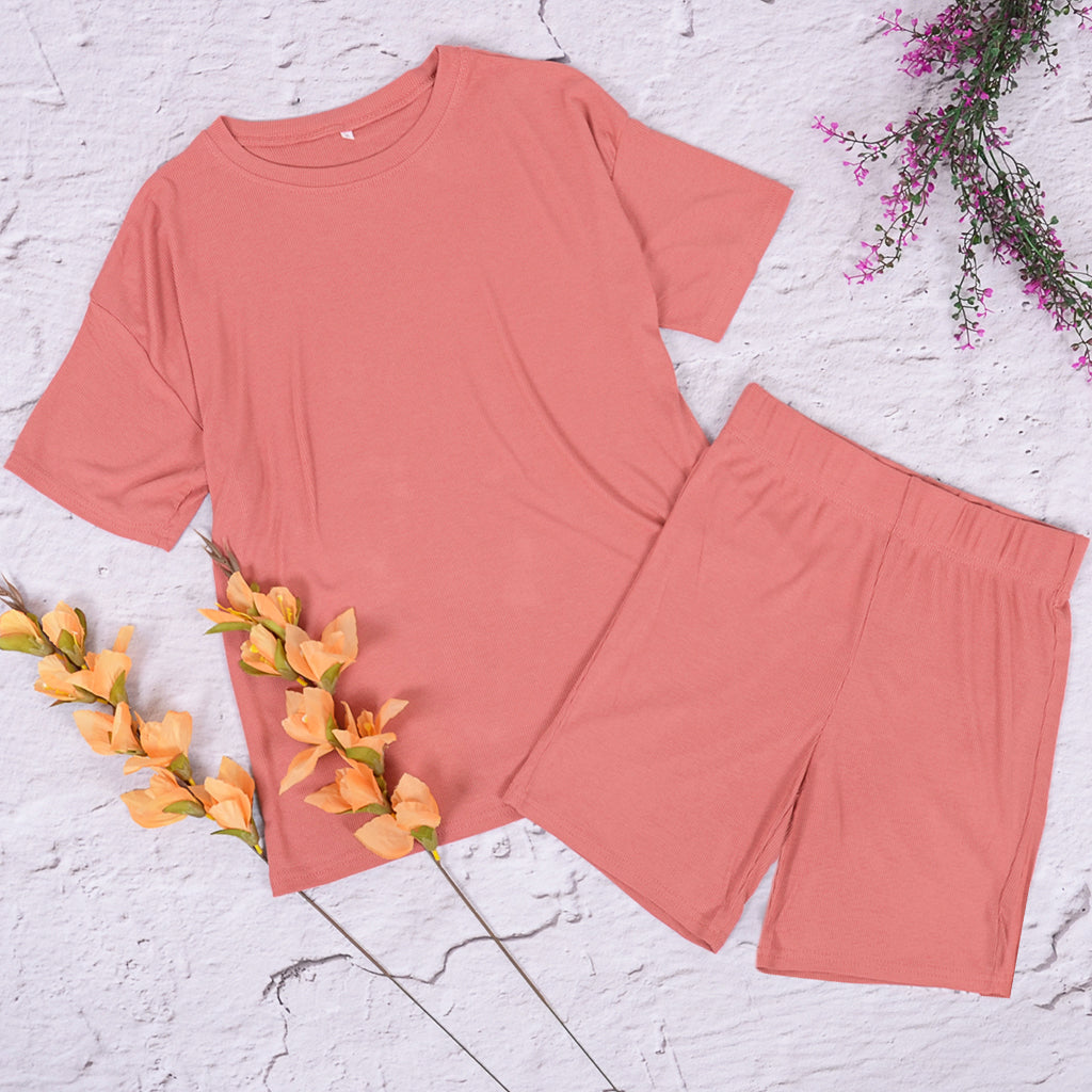 Solid Color Tee and Biker Shorts Set