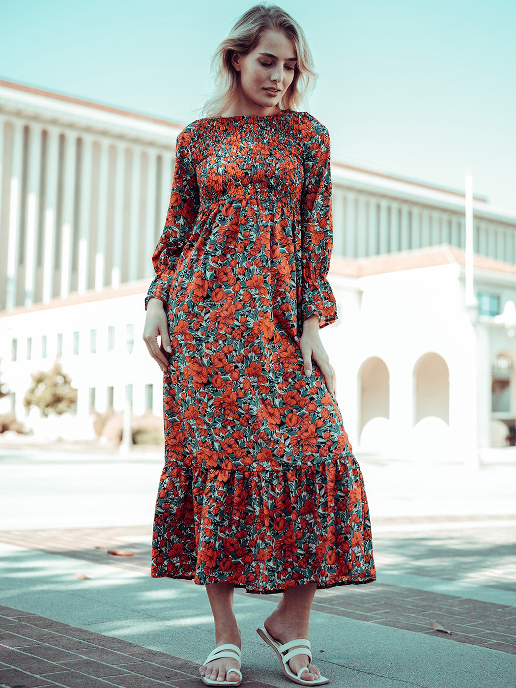 Floral Dot Print Smocked Chest Long Sleeve Ruffle Maxi Dress for
