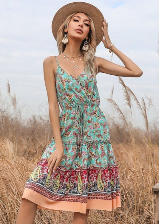 Surplice Neck Paisley Print Dress